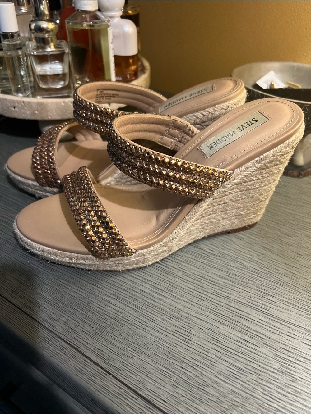 Steve Madden Metallic Gold-Tone Braided Espadrille Wedge Sandals